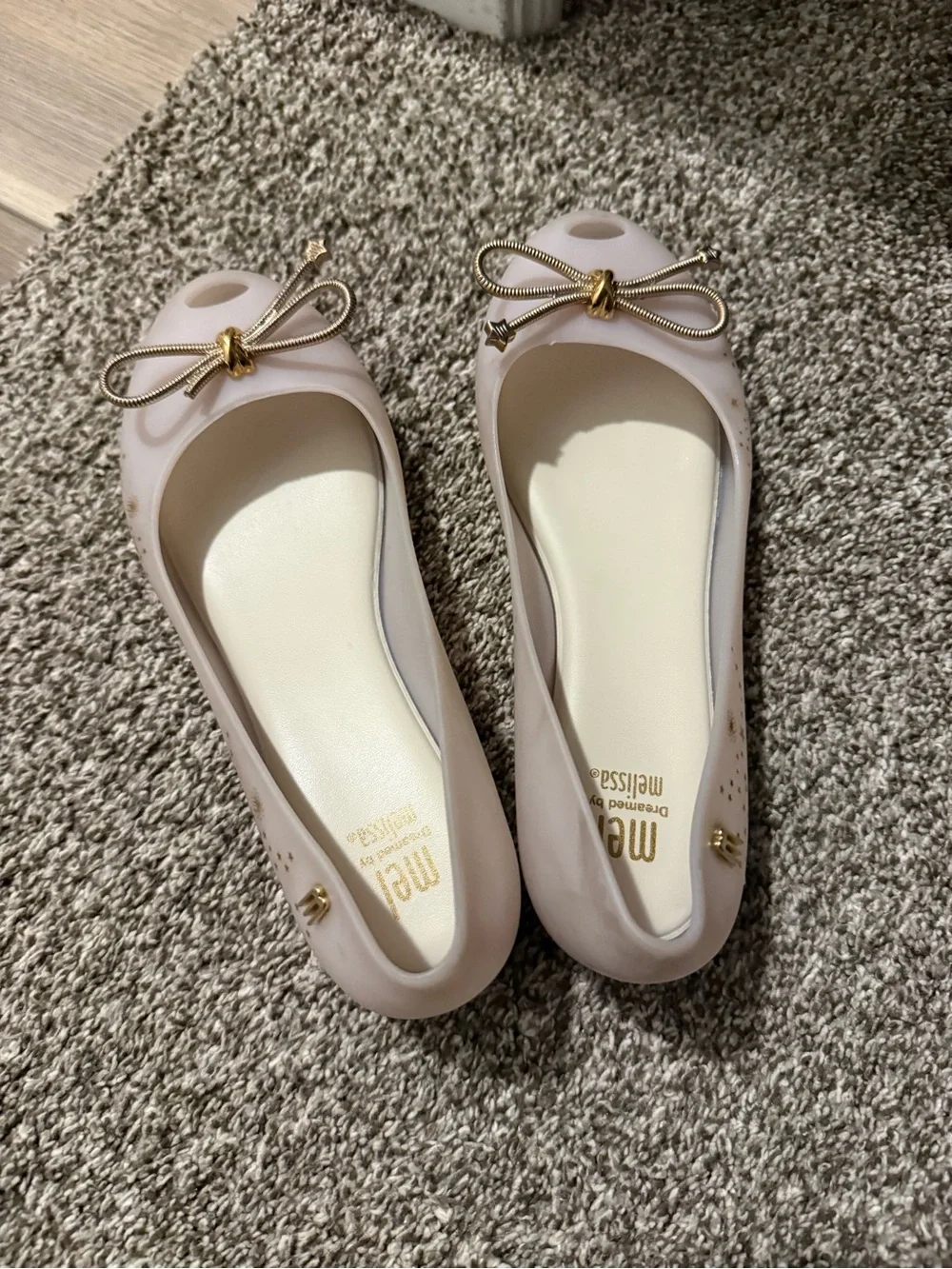 Melissa Girls Matte Beige Ballet Flats with Gold Bow Accents